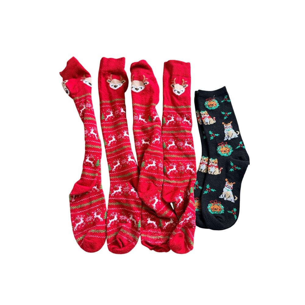 Festive Socks Lot: Red Deer Light-Up & Cat Print (3 Pairs)